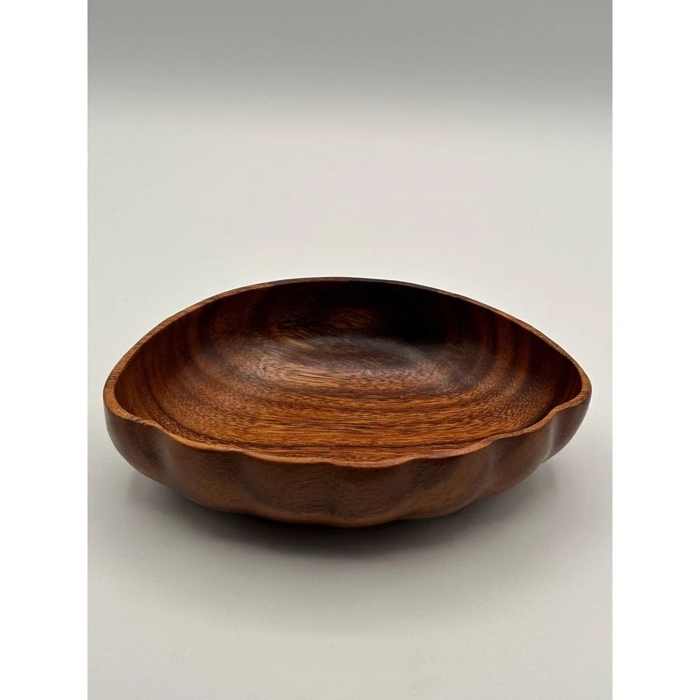 Vintage Hand Carved Wooden Bowl Scalloped Edge MCM Solid Wood